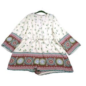 Maverick V Neck Romper Green Clover Green Flower Boho Hippie XXL